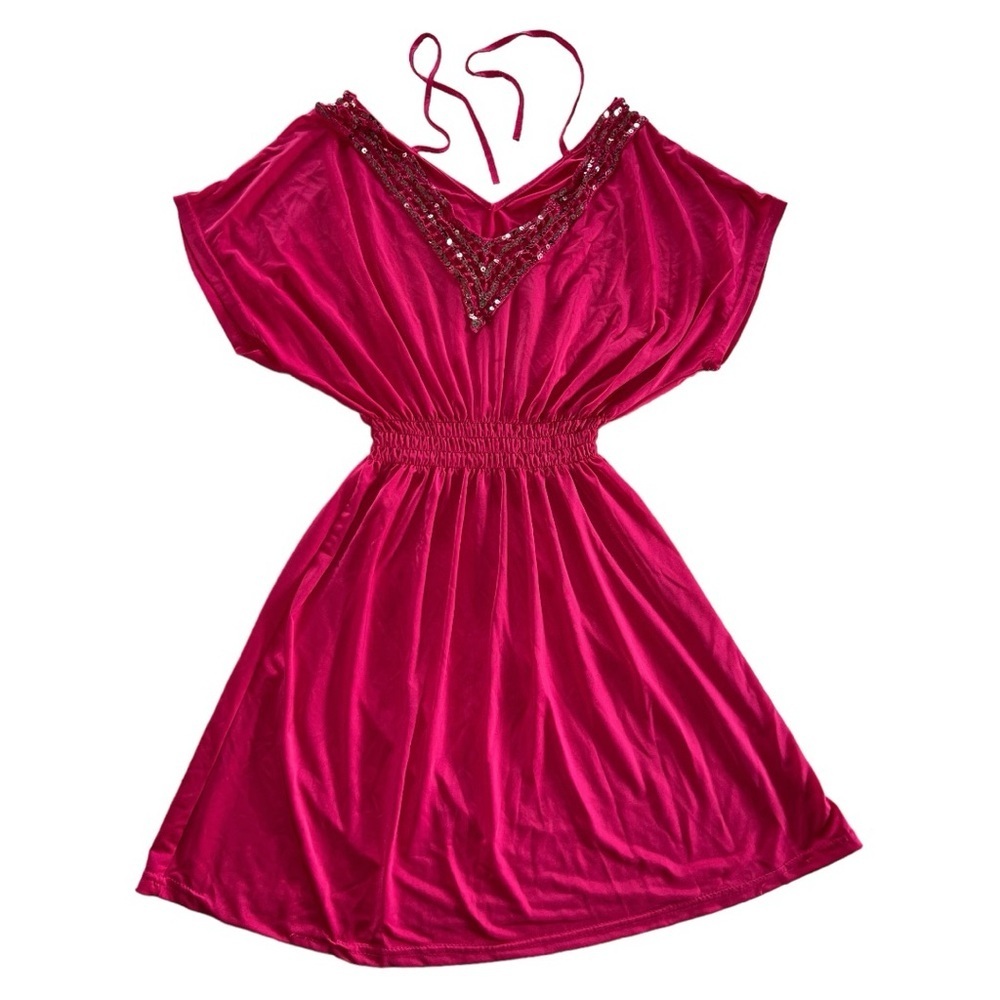 Pink Smocked Waist V-neck Summer Swim Beach Cover Up Boho Dress Small / Medium